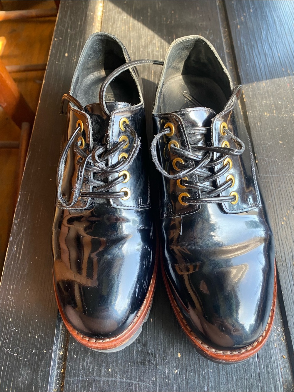Jeffrey Campbell Black Patent Platform Lace-Up Oxfords with Gold Eyelets